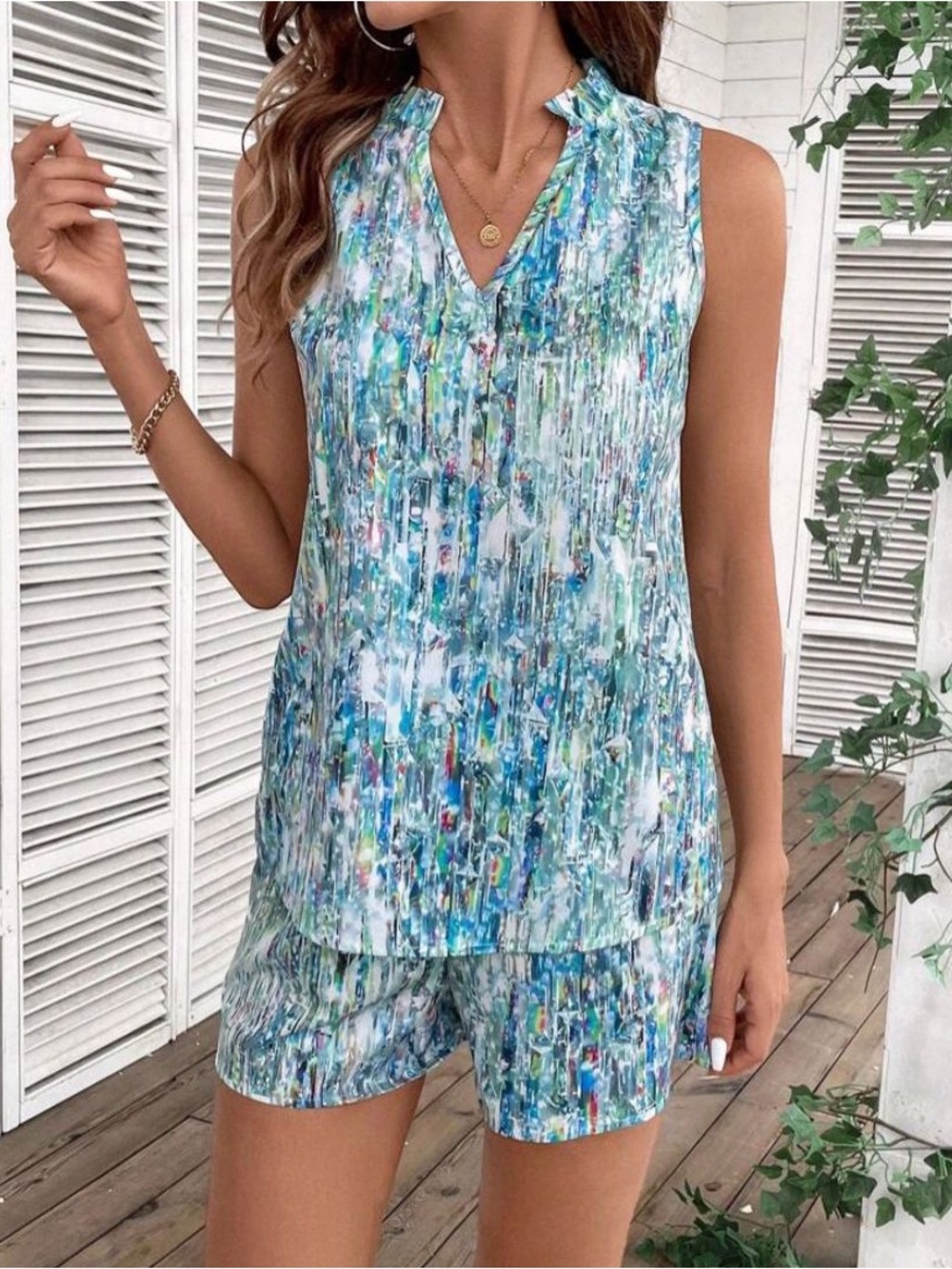 Sleeveless V-Neck Two-Piece Set in Aqua Blue Abstract Print